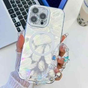 For iPhone 15 Pro Plating Texture Wristband MagSafe TPU Phone Case with Glitter Lens Film(White Feathers)