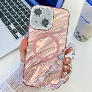 For iPhone 14 Plating Texture Wristband MagSafe TPU Phone Case with Glitter Lens Film(Pink Water Ripples)