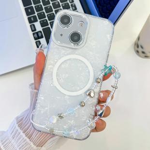 For iPhone 14 Plating Texture Wristband MagSafe TPU Phone Case with Glitter Lens Film(White Shell Pattern)