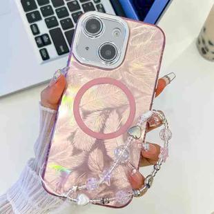 For iPhone 14 Plating Texture Wristband MagSafe TPU Phone Case with Glitter Lens Film(Pink Feathers)