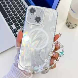 For iPhone 14 Plating Texture Wristband MagSafe TPU Phone Case with Glitter Lens Film(White Feather Yarn)