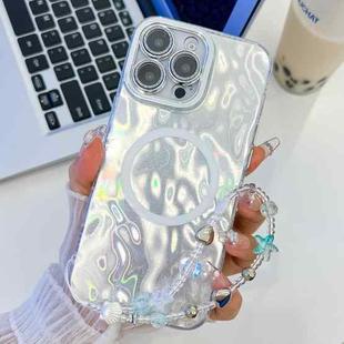 For iPhone 13 Pro Plating Texture Wristband MagSafe TPU Phone Case with Glitter Lens Film(White Wrinkles)