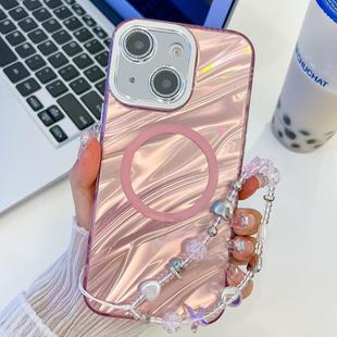 For iPhone 13 Plating Texture Wristband MagSafe TPU Phone Case with Glitter Lens Film(Pink Water Ripples)