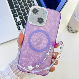 For iPhone 13 Plating Texture Wristband MagSafe TPU Phone Case with Glitter Lens Film(Purple Shell Pattern)