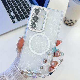 For Samsung Galaxy S24 FE 5G Plating Texture Wristband MagSafe TPU Phone Case with Glitter Lens Film(White Shell Pattern)