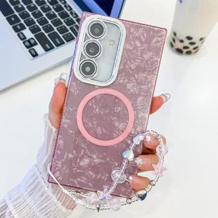 For Samsung Galaxy S24 FE 5G Plating Texture Wristband MagSafe TPU Phone Case with Glitter Lens Film(Pink Shell Pattern)