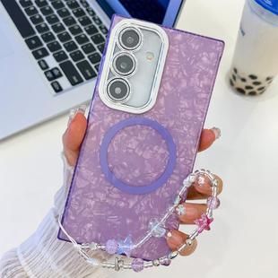 For Samsung Galaxy S24 FE 5G Plating Texture Wristband MagSafe TPU Phone Case with Glitter Lens Film(Purple Shell Pattern)