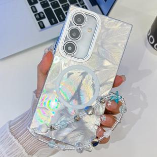 For Samsung Galaxy S24 FE 5G Plating Texture Wristband MagSafe TPU Phone Case with Glitter Lens Film(White Feathers)