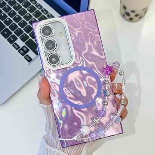 For Samsung Galaxy S24 FE 5G Plating Texture Wristband MagSafe TPU Phone Case with Glitter Lens Film(Purple Wrinkles)