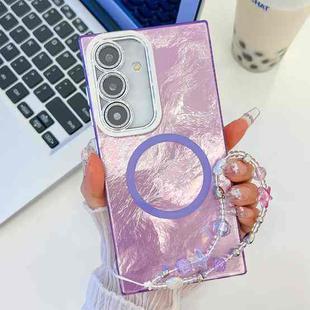 For Samsung Galaxy S24 FE 5G Plating Texture Wristband MagSafe TPU Phone Case with Glitter Lens Film(Purple Tinfoil Texture)