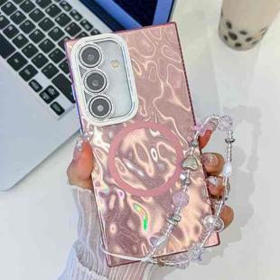 For Samsung Galaxy A15 5G Plating Texture Wristband MagSafe TPU Phone Case with Glitter Lens Film(Pink Wrinkles)