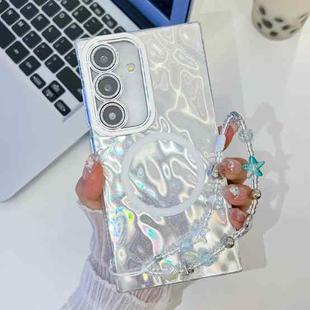 For Samsung Galaxy A35 5G Plating Texture Wristband MagSafe TPU Phone Case with Glitter Lens Film(White Wrinkles)