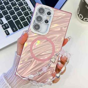 For Samsung Galaxy S24 Ultra 5G Plating Texture Wristband MagSafe TPU Phone Case with Glitter Lens Film(Pink Water Ripples)