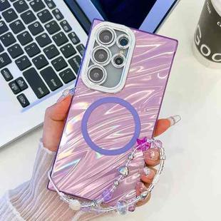 For Samsung Galaxy S24 Ultra 5G Plating Texture Wristband MagSafe TPU Phone Case with Glitter Lens Film(Purple Water Ripples)