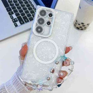 For Samsung Galaxy S24 Ultra 5G Plating Texture Wristband MagSafe TPU Phone Case with Glitter Lens Film(White Shell Pattern)