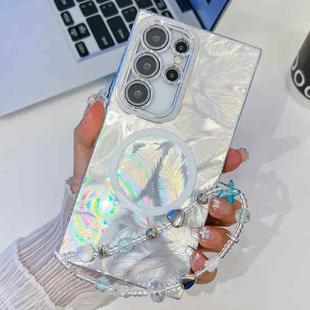 For Samsung Galaxy S24 Ultra 5G Plating Texture Wristband MagSafe TPU Phone Case with Glitter Lens Film(White Feathers)