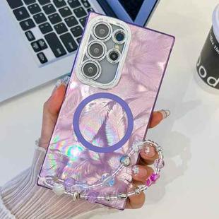 For Samsung Galaxy S24 Ultra 5G Plating Texture Wristband MagSafe TPU Phone Case with Glitter Lens Film(Purple Feathers)