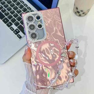 For Samsung Galaxy S24 Ultra 5G Plating Texture Wristband MagSafe TPU Phone Case with Glitter Lens Film(Pink Wrinkles)