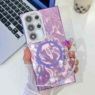 For Samsung Galaxy S24 Ultra 5G Plating Texture Wristband MagSafe TPU Phone Case with Glitter Lens Film(Purple Wrinkles)