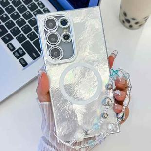 For Samsung Galaxy S24 Ultra 5G Plating Texture Wristband MagSafe TPU Phone Case with Glitter Lens Film(White Tinfoil Texture)