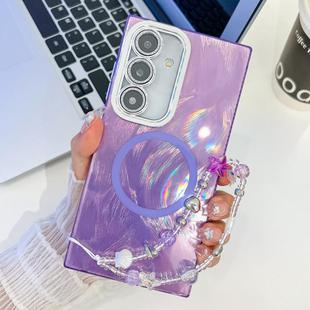 For Samsung Galaxy S24+ 5G Plating Texture Wristband MagSafe TPU Phone Case with Glitter Lens Film(Purple Feather Yarn)