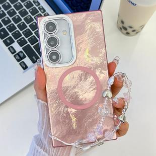 For Samsung Galaxy S24+ 5G Plating Texture Wristband MagSafe TPU Phone Case with Glitter Lens Film(Pink Tinfoil Texture)