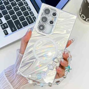 For Samsung Galaxy S23 Ultra 5G Plating Texture Wristband MagSafe TPU Phone Case with Glitter Lens Film(White Water Ripples)