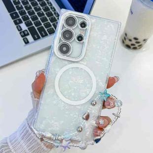 For Samsung Galaxy S23 Ultra 5G Plating Texture Wristband MagSafe TPU Phone Case with Glitter Lens Film(White Shell Pattern)