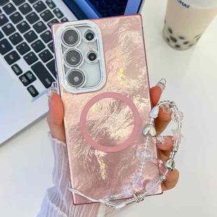 For Samsung Galaxy S23 Ultra 5G Plating Texture Wristband MagSafe TPU Phone Case with Glitter Lens Film(Pink Tinfoil Texture)