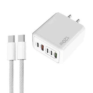 120W PD3.0 3 Type-C 2 USB Multi Port Quick Charger with Type-C to Type-C Cable, US Plug(White)