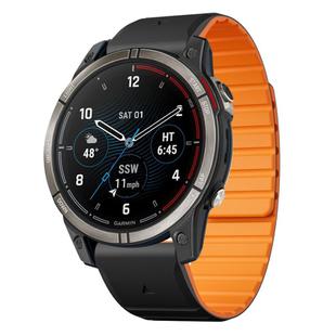 For Garmin Quatix 7 Pro Dual Color Magnetic Quick Release 22mm Silicone Watch Band(Black+Orange)