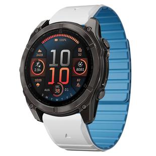 For Garmin Fenix 8 AMOLED 51mm Dual Color Magnetic Quick Release 26mm Silicone Watch Band(White+Sky Blue)