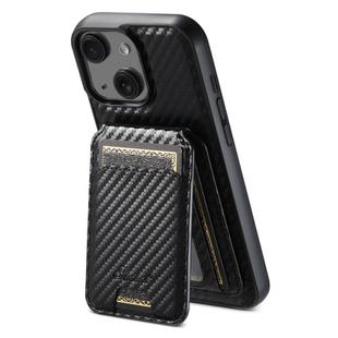 For iPhone 15 Plus Suteni TXWH18 Carbon Fiber Texture Detachable Wallet MagSafe Phone Case(Black)