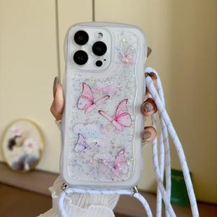 For iPhone 16 Pro Max Crossbody Wave Edge Butterfly TPU Phone Case(White)