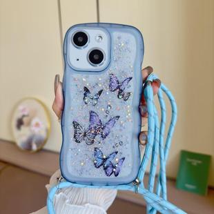 For iPhone 15 Crossbody Wave Edge Butterfly TPU Phone Case(Blue)