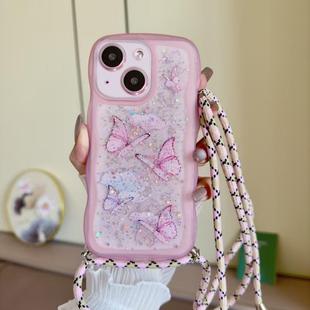 For iPhone 14 Plus Crossbody Wave Edge Butterfly TPU Phone Case(Pink)