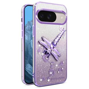 For Google Pixel 9 Gradient Glitter Immortal 3D Dragonfly Holder Plated Phone Case(Purple)