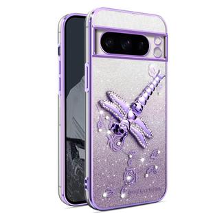 or Google Pixel 8 Pro Gradient Glitter Immortal 3D Dragonfly Holder Plated Phone Case(Purple)