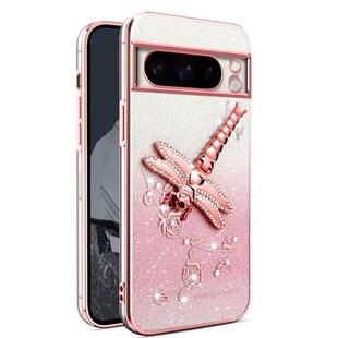 or Google Pixel 8 Pro Gradient Glitter Immortal 3D Dragonfly Holder Plated Phone Case(Pink)