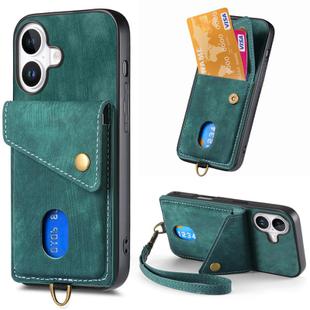 For iPhone 16 Retro Card Wallet Fold Leather Phone Case with Strap(Green)