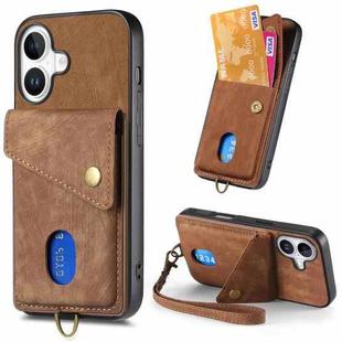 For iPhone 16 Retro Card Wallet Fold Leather Phone Case with Strap(Brown)