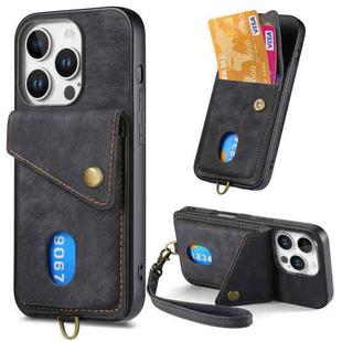 For iPhone 16 Pro Retro Card Wallet Fold Leather Phone Case with Strap(Black)