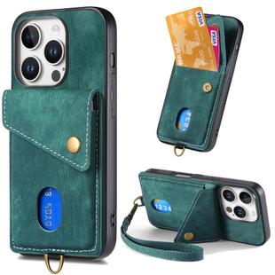 For iPhone 16 Pro Max Retro Card Wallet Fold Leather Phone Case with Strap(Green)