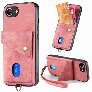 For iPhone 16e Retro Card Wallet Fold Leather Phone Case with Strap(Pink)