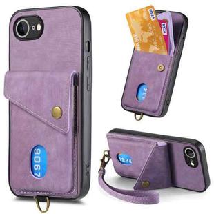 For iPhone 16e Retro Card Wallet Fold Leather Phone Case with Strap(Purple)