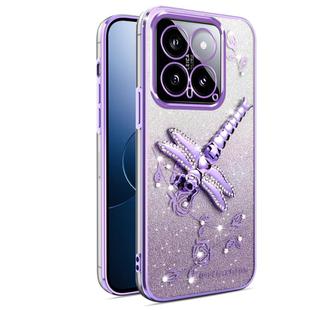 For Xiaomi 14 Gradient Glitter Immortal 3D Dragonfly Holder Plated Phone Case(Purple)