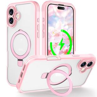 For iPhone 16 Skin Feel MagSafe Holder 360 Full Body Phone Case(Pink)