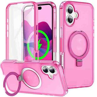 For iPhone 16 Frosted Skin Feel MagSafe Holder 360 Full Body Phone Case(Rose Red)