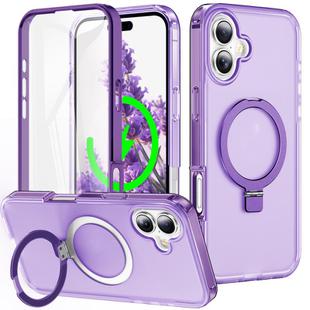 For iPhone 16 Frosted Skin Feel MagSafe Holder 360 Full Body Phone Case(Purple)