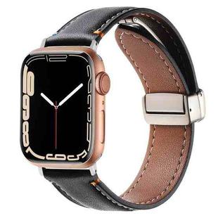 Magnetic Buckle Stitched Genuine Leather Watch Band For Apple Watch 46mm / 49mm / 45mm / 44mm(Black)